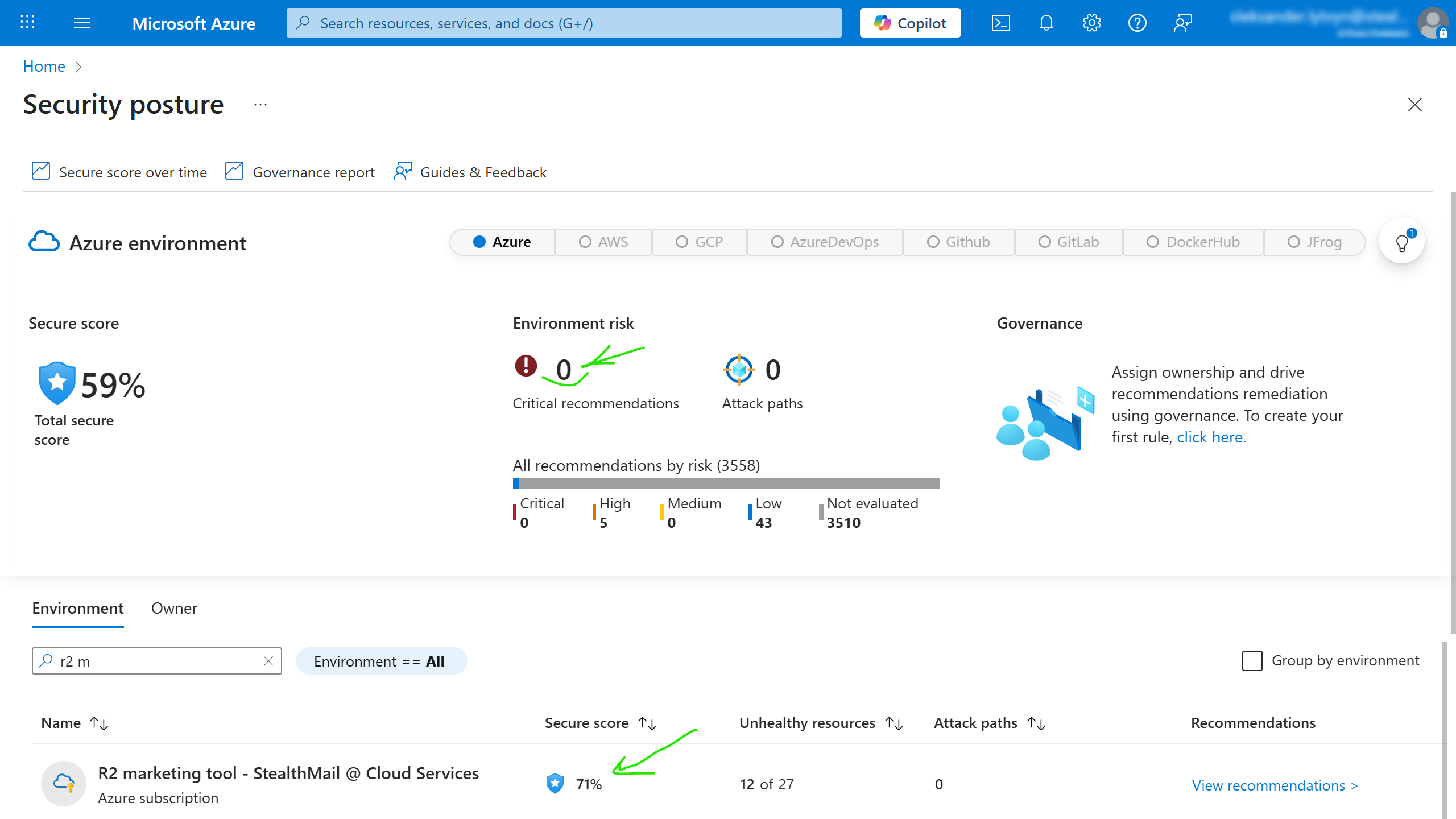 Security posture dashboard visualizing R2 Copilot’s compliance with Azure CSPM best practices and certifications